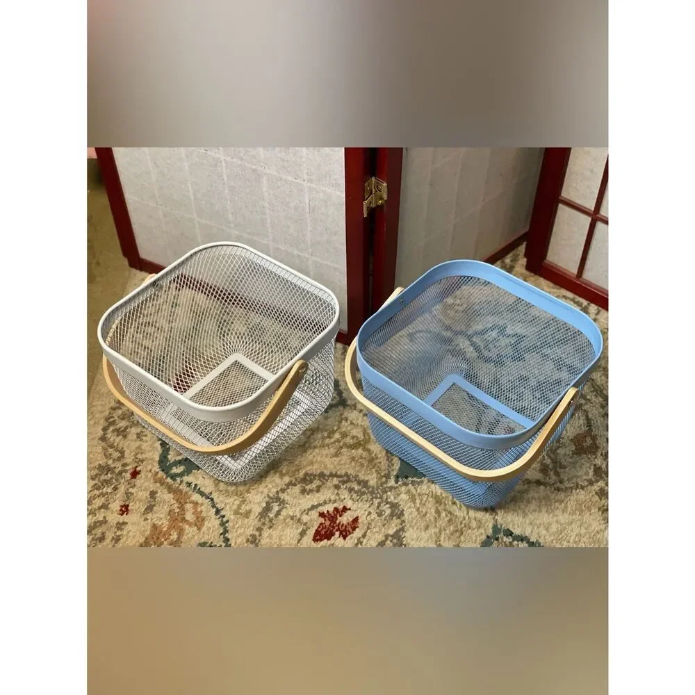 Blue & White Metal Storage Baskets with Natural Wood Handles - Home Accents